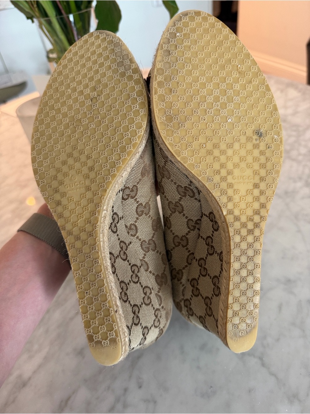 Gucci Beige Monogram Peep-Toe Heels espadrille with Horsebit - Picture 5 of 9